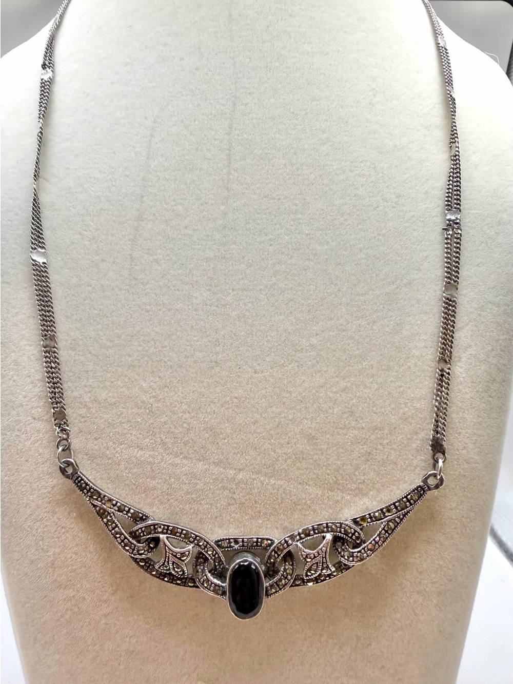 Sterling-Inspired Silver Necklace with Black Onyx Accent